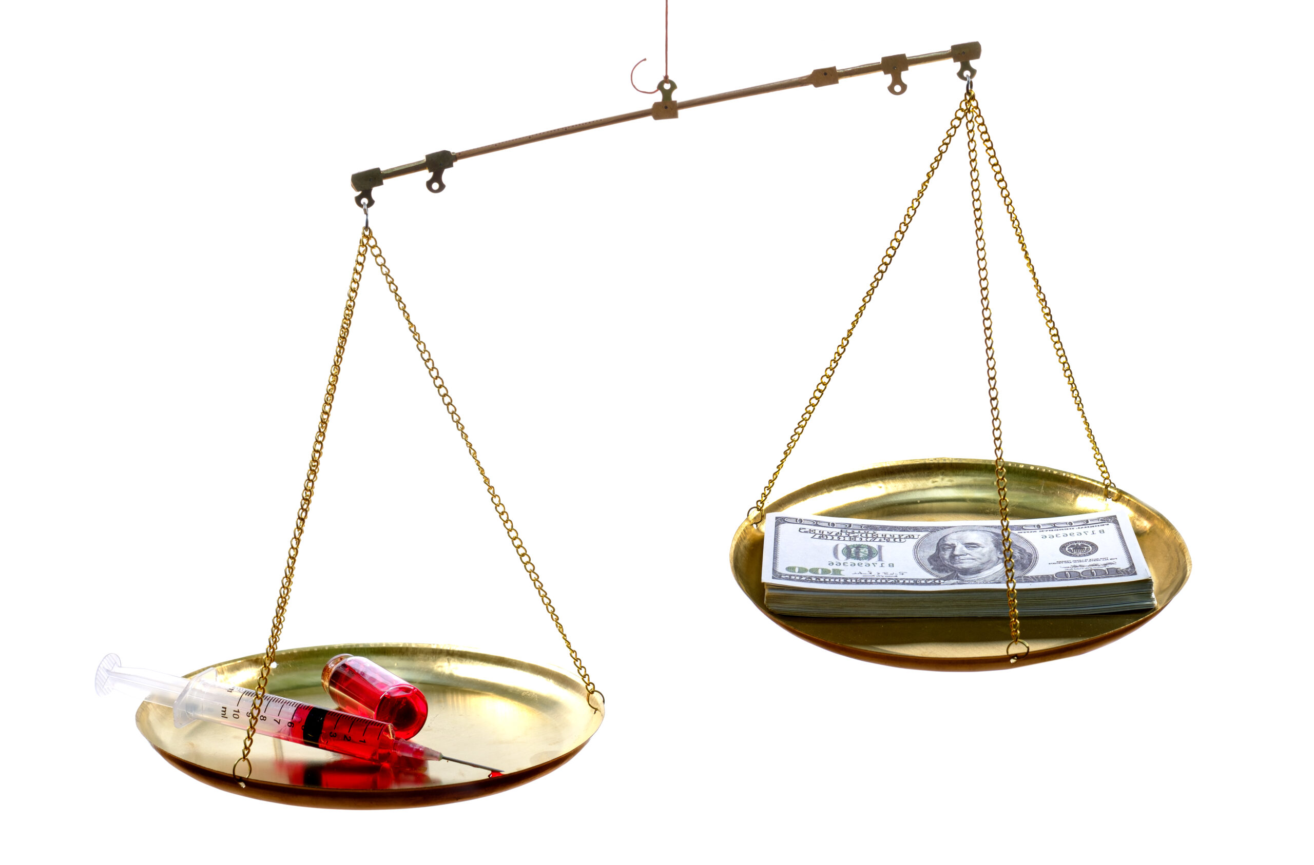 Medical malpractice Case Screening Can Save Money as indicated by a set of law scales with money one one side and a syringe on the other, representing medical malpractice and a judgement. 
